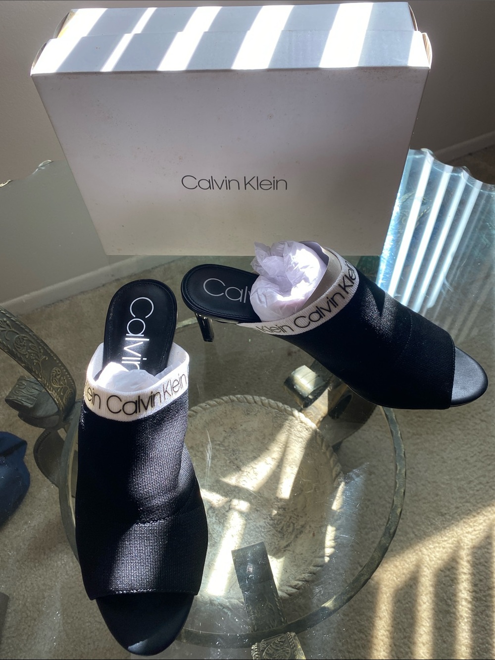 Calvin Klein Black Open-Toe Slide Mules with Logo Band